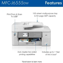 Brother INKvestment Tank MFC-J6555DW Wireless Color Inkjet Printer, All-In-One Supertank, Print, Scan, Copy, Fax
