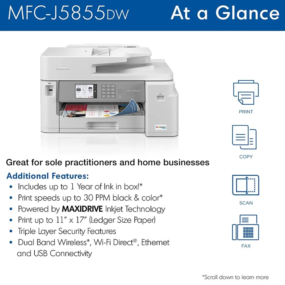 Brother INKvestment Tank MFC-J5855DW Wireless Color Inkjet Printer, All-In-One Supertank, Print, Scan, Copy, Fax