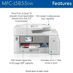 Brother INKvestment Tank MFC-J5855DW Wireless Color Inkjet Printer, All-In-One Supertank, Print, Scan, Copy, Fax