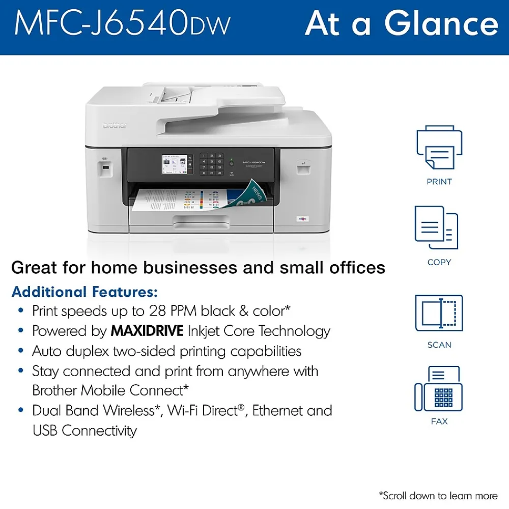 Brother MFC-J6540DW Color Inkjet All-in-One Print, Copy, Scan, Fax up to 11”x17” (Ledger) Size Paper