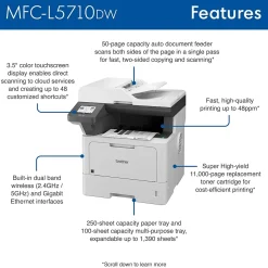 Brother MFC-L5710DW Business Wireless Monochrome Laser All-in-One Printer, Print, Scan, and Copy