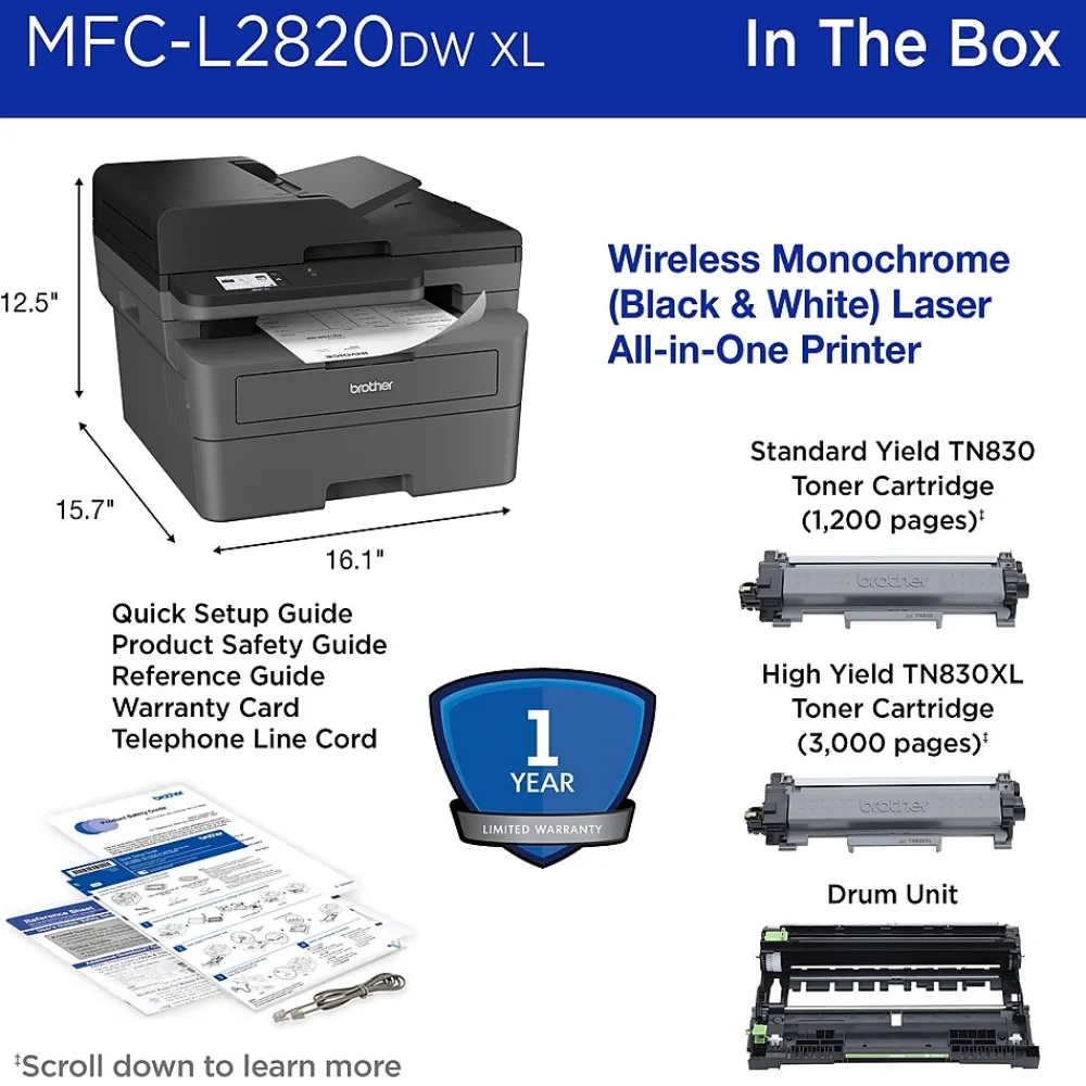 Brother MFC-L2820DW XL Wireless Compact Monochrome All-in-One Laser Printer