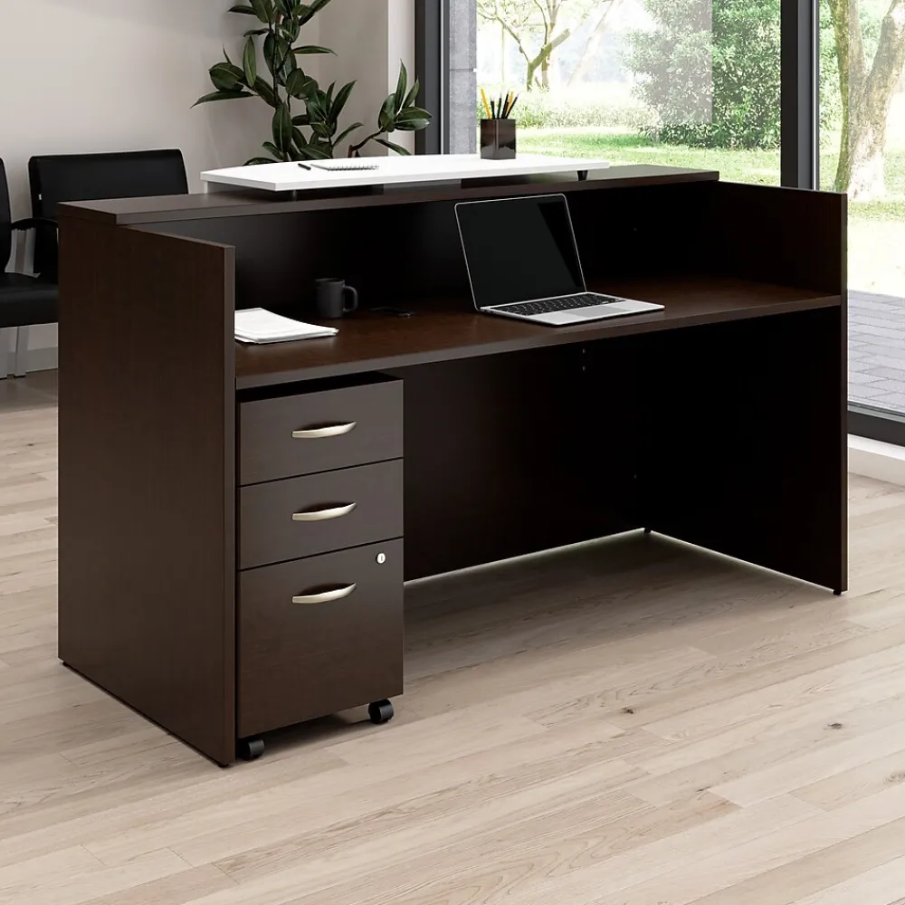 Office Desks*Bush Business Furniture Arrive 72"W Reception Desk with Counter and Mobile File Cabinet, (ARV008MR) Mocha Cherry