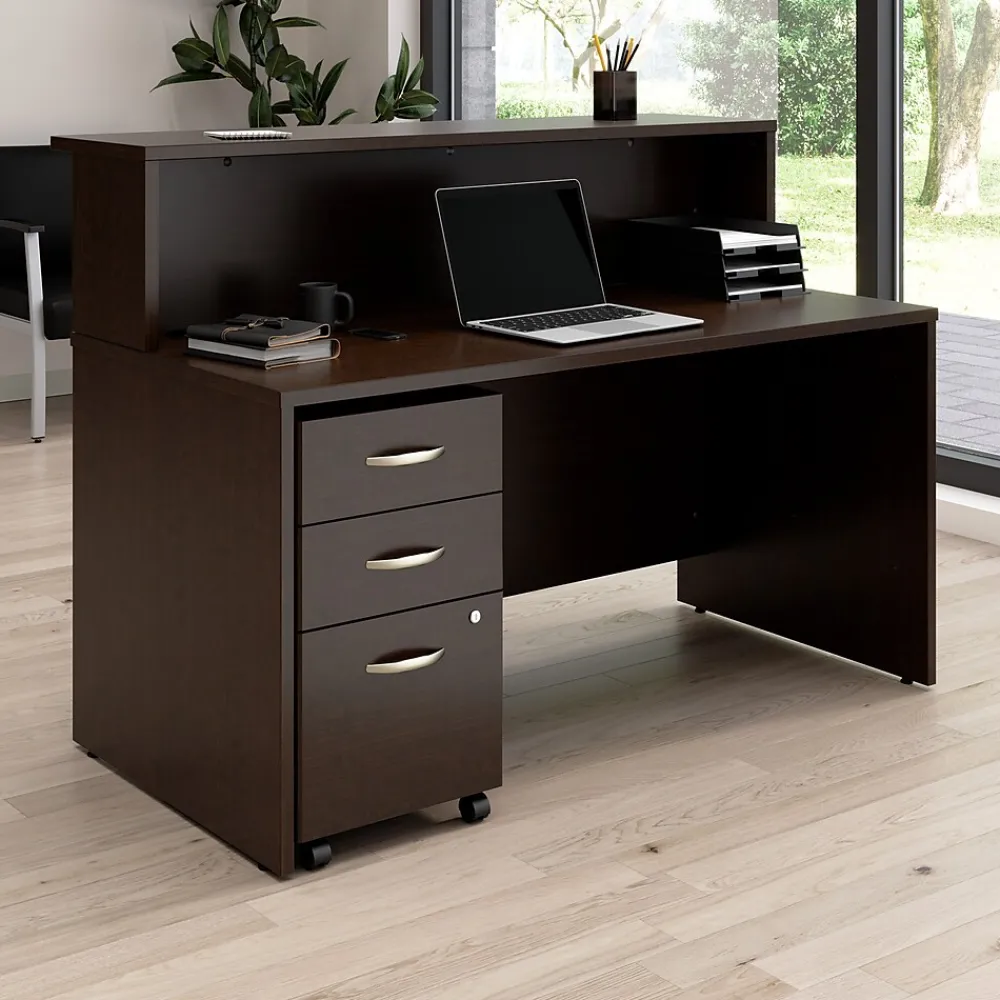 Office Desks*Bush Business Furniture Arrive 60"W Reception Desk with Shelf and Mobile File Cabinet, (ARV002MR) Mocha Cherry
