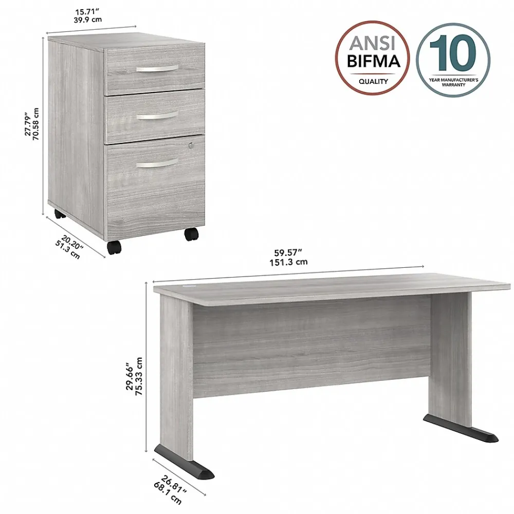 Computer Desks*Bush Business Furniture Studio A 60"W Computer Desk with 3 Drawer Mobile File Cabinet, (STA002PGSU) Platinum Gray