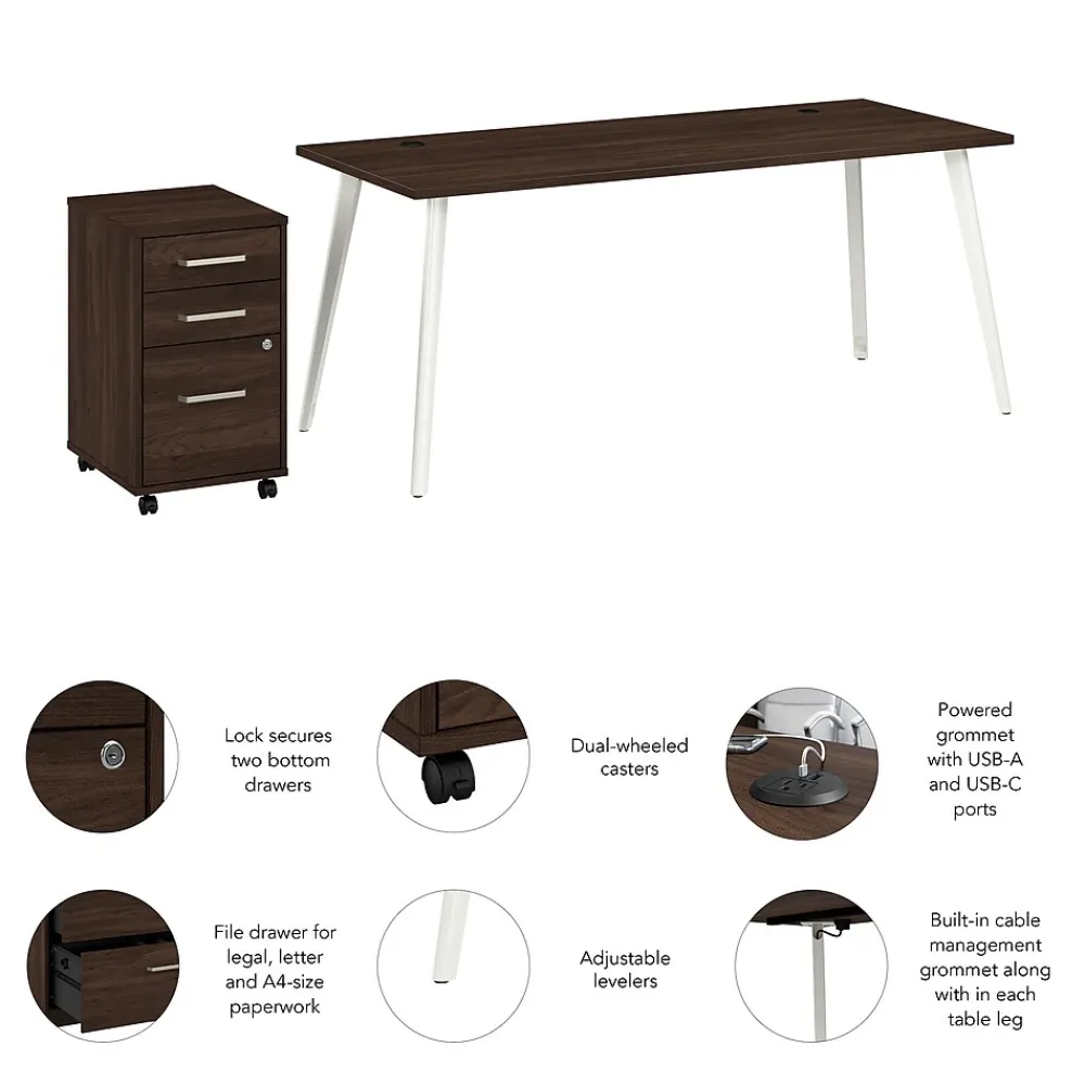 Office Desks*Bush Business Furniture Vista 72"W Desk with 3 Drawer Mobile File Cabinet, Black Walnut (VST001BWSU)