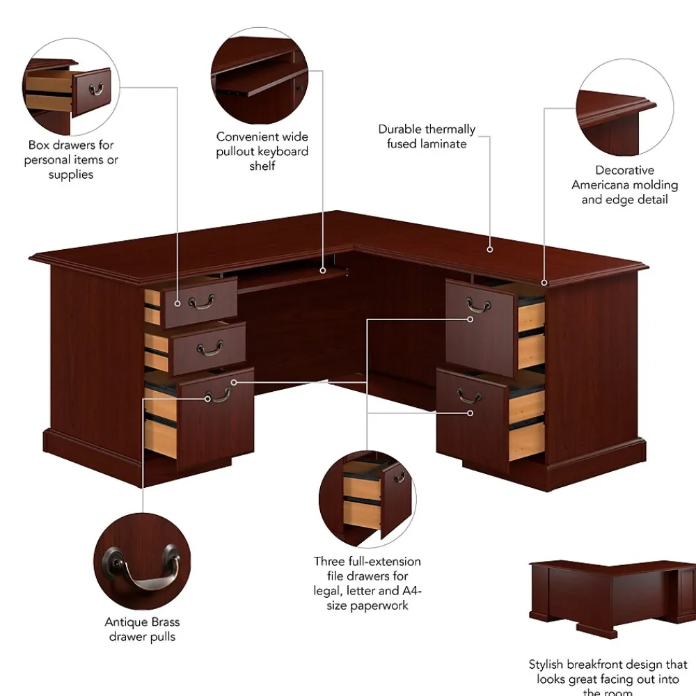 L-Desks*Bush Business Furniture 66"W Arlington L Shaped Desk with Drawers and Keyboard Tray, Harvest Cherry (WC65570-03K)