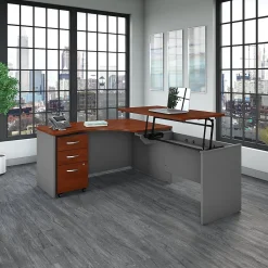 Standing Desks*Bush Business Furniture Westfield 60"W Right Hand 3 Position Sit to Stand L Desk w File Cabinet, Hansen Cherry (SRC128HCSU)