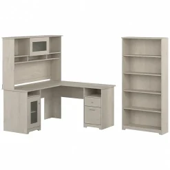 Office Desks*Bush Furniture Cabot 60" L-Shaped Desk with Hutch and 5-Shelf Bookcase, (CAB011LW) Linen White Oak