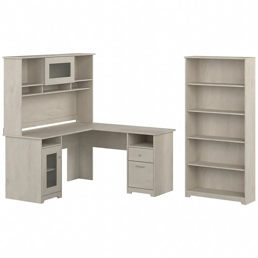 Office Desks*Bush Furniture Cabot 60" L-Shaped Desk with Hutch and 5-Shelf Bookcase, (CAB011LW) Linen White Oak