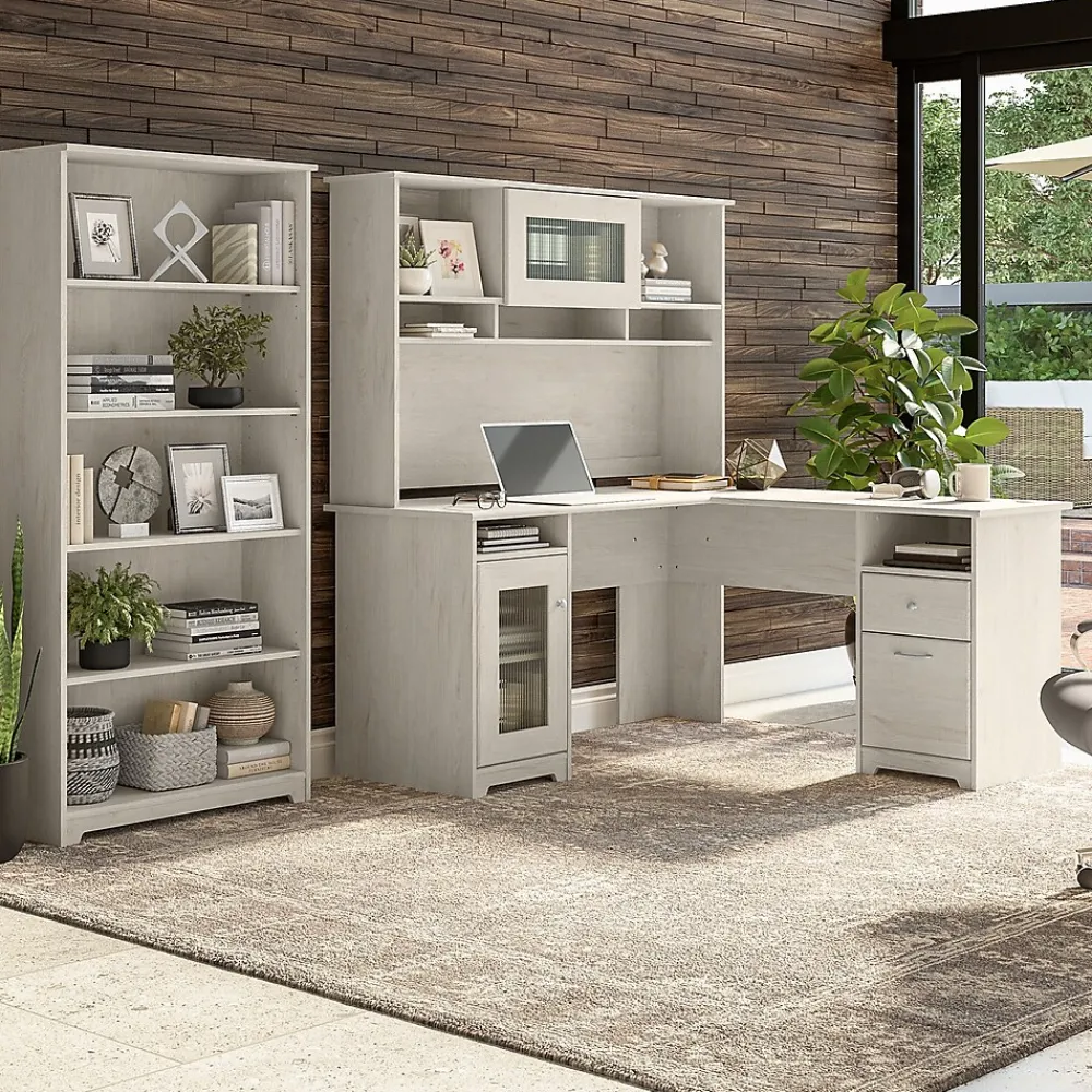 Office Desks*Bush Furniture Cabot 60" L-Shaped Desk with Hutch and 5-Shelf Bookcase, (CAB011LW) Linen White Oak