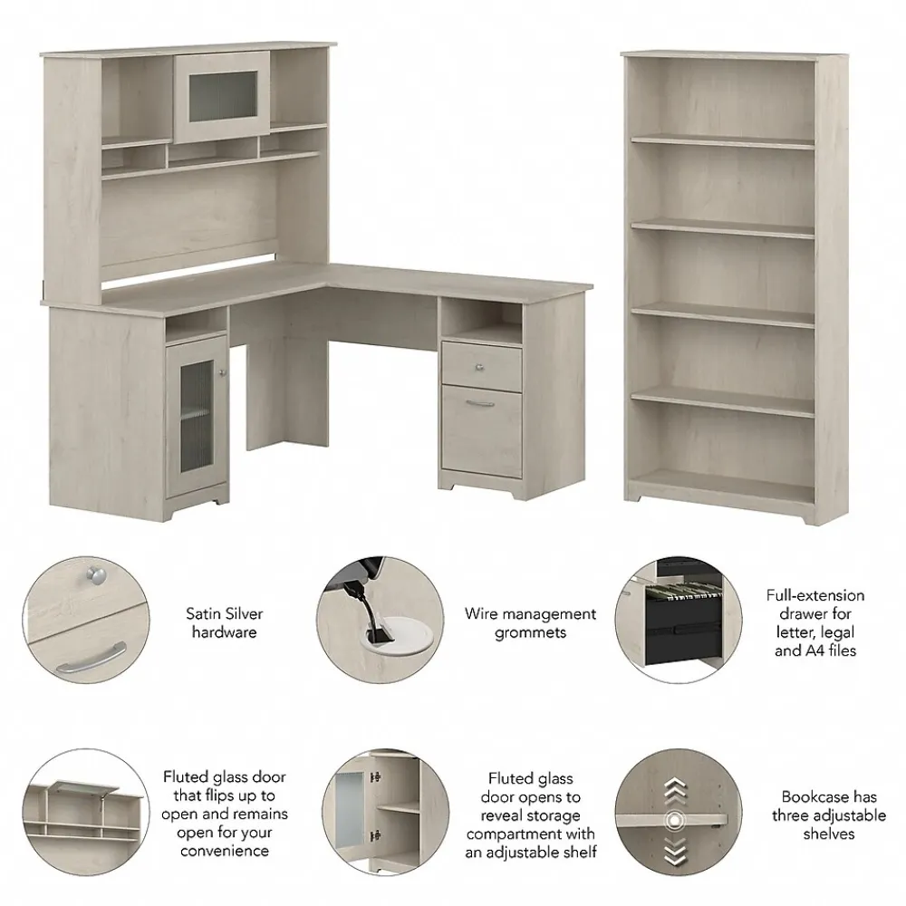 Office Desks*Bush Furniture Cabot 60" L-Shaped Desk with Hutch and 5-Shelf Bookcase, (CAB011LW) Linen White Oak