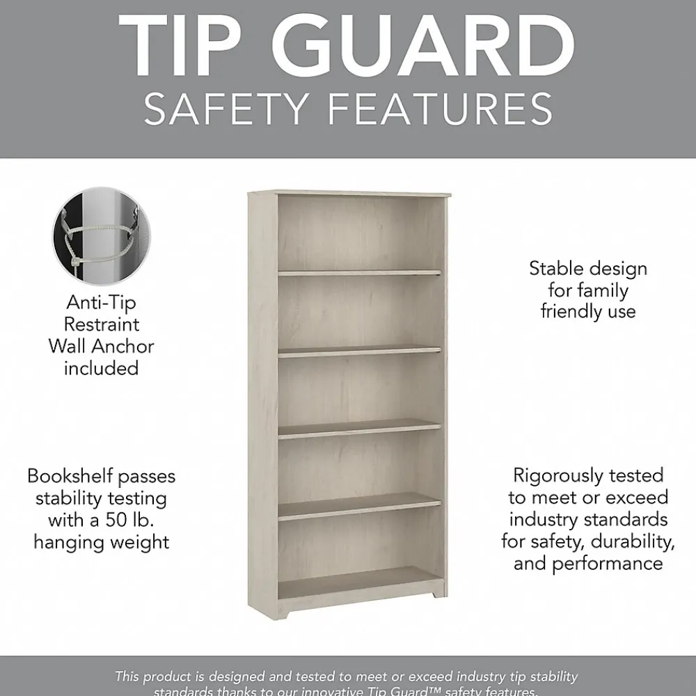 Office Desks*Bush Furniture Cabot 60" L-Shaped Desk with Hutch and 5-Shelf Bookcase, (CAB011LW) Linen White Oak