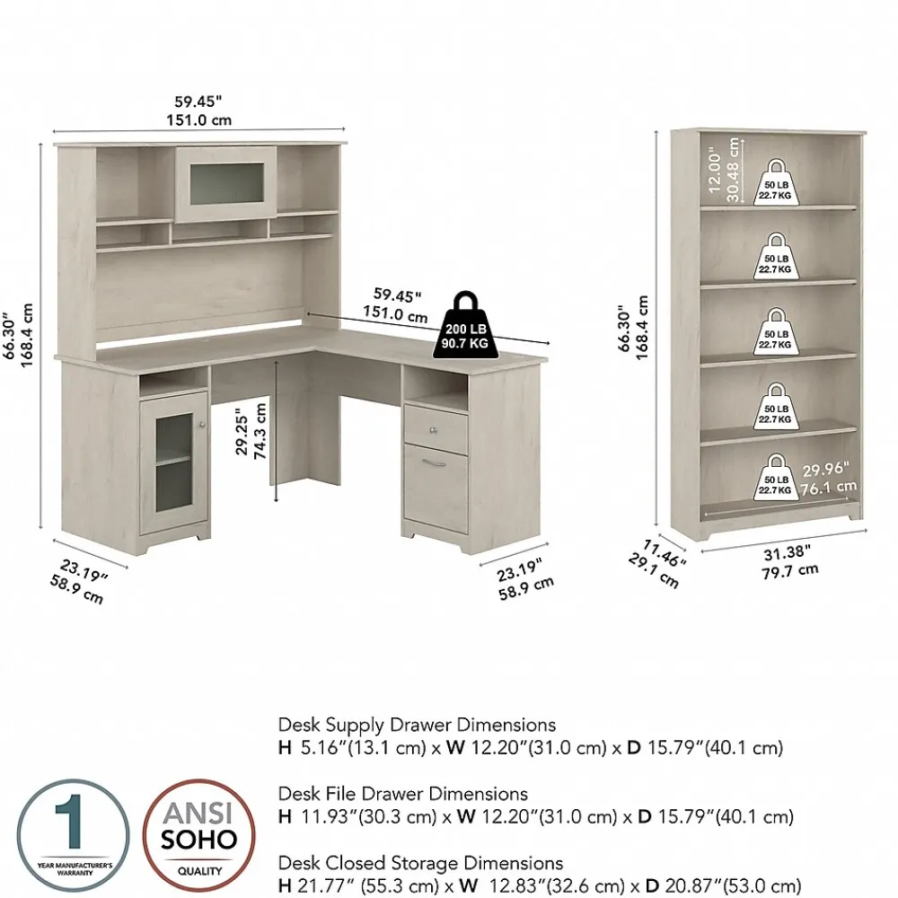 Office Desks*Bush Furniture Cabot 60" L-Shaped Desk with Hutch and 5-Shelf Bookcase, (CAB011LW) Linen White Oak