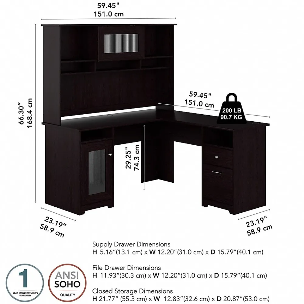 L-Desks*Bush Furniture Cabot 60"W L Shaped Computer Desk with Hutch and Storage, (CAB001EPO) Espresso Oak