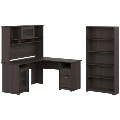 L-Desks*Bush Furniture Cabot 60"W L Shaped Computer Desk with Hutch and 5 Shelf Bookcase, (CAB011HRG) Heather Gray