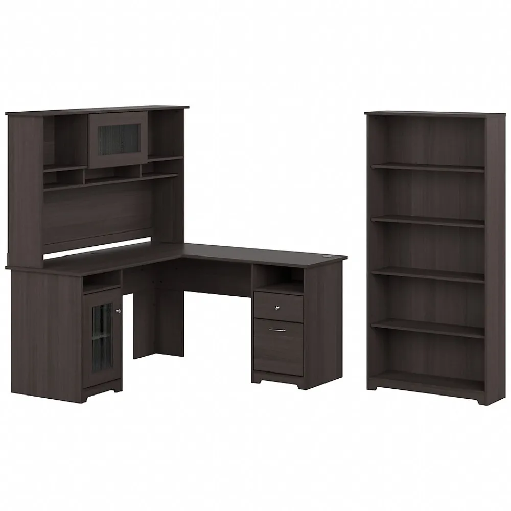 L-Desks*Bush Furniture Cabot 60"W L Shaped Computer Desk with Hutch and 5 Shelf Bookcase, (CAB011HRG) Heather Gray