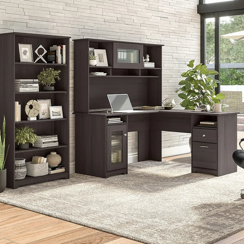 L-Desks*Bush Furniture Cabot 60"W L Shaped Computer Desk with Hutch and 5 Shelf Bookcase, (CAB011HRG) Heather Gray
