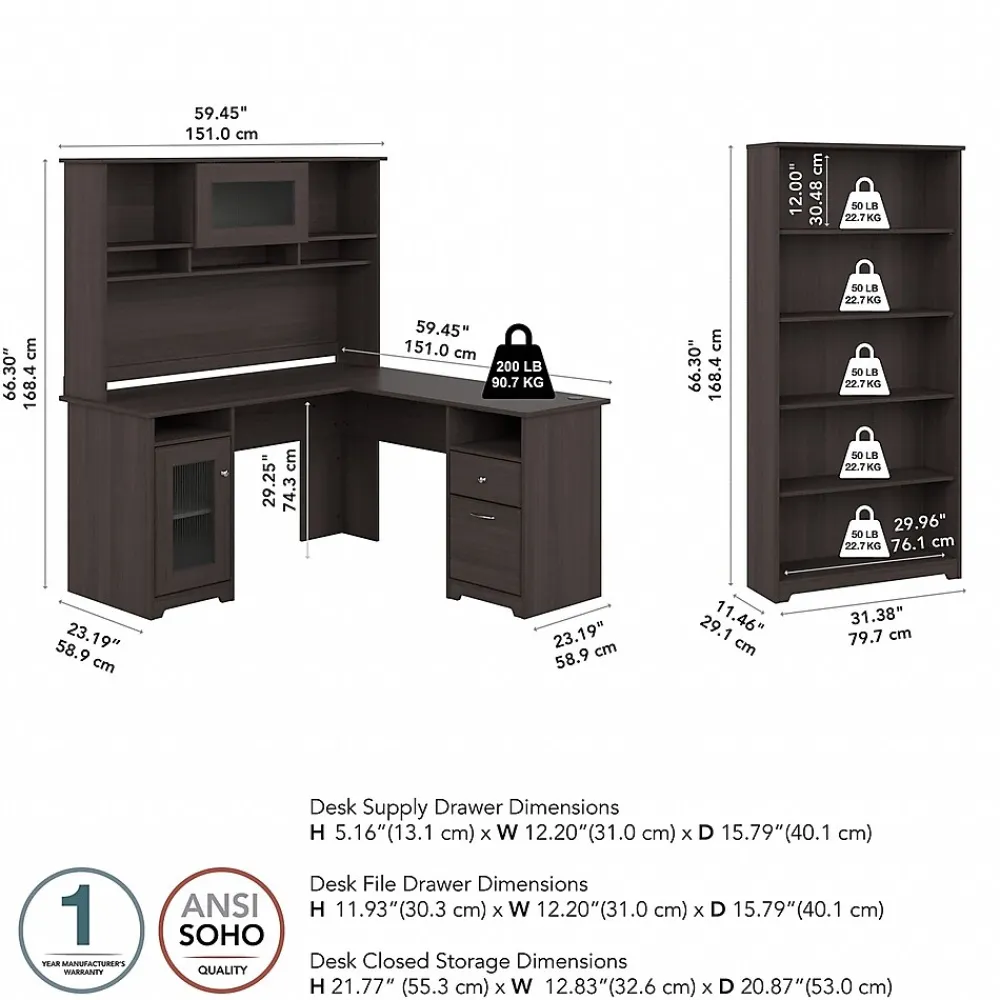 L-Desks*Bush Furniture Cabot 60"W L Shaped Computer Desk with Hutch and 5 Shelf Bookcase, (CAB011HRG) Heather Gray