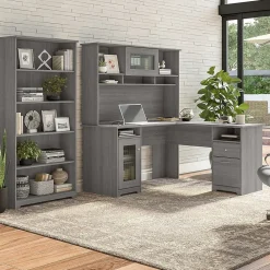 L-Desks*Bush Furniture Cabot 60"W L Shaped Computer Desk with Hutch and 5 Shelf Bookcase, (CAB011MG) Modern Gray