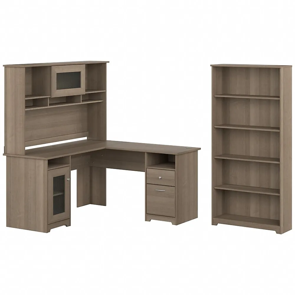 L-Desks*Bush Furniture Cabot 60"W L-Shaped Desk with Hutch and 5-Shelf Bookcase, (CAB011AG) Ash Gray
