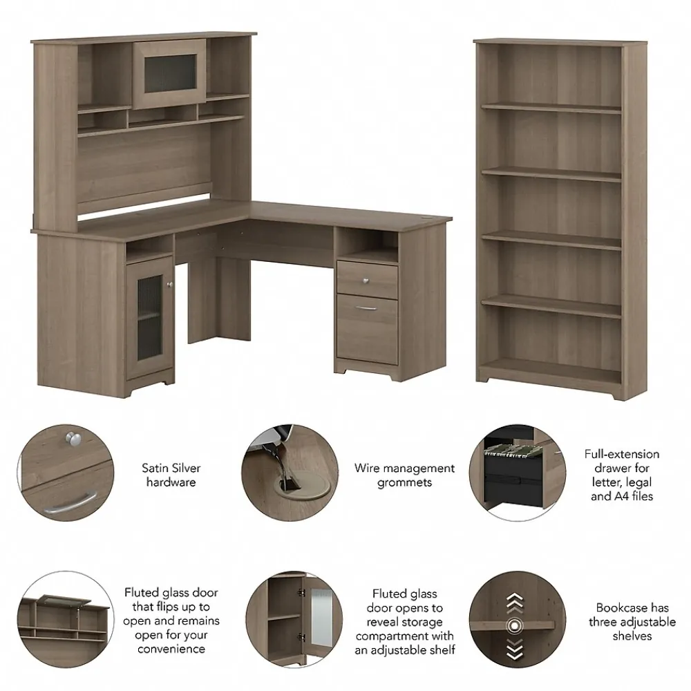 L-Desks*Bush Furniture Cabot 60"W L-Shaped Desk with Hutch and 5-Shelf Bookcase, (CAB011AG) Ash Gray