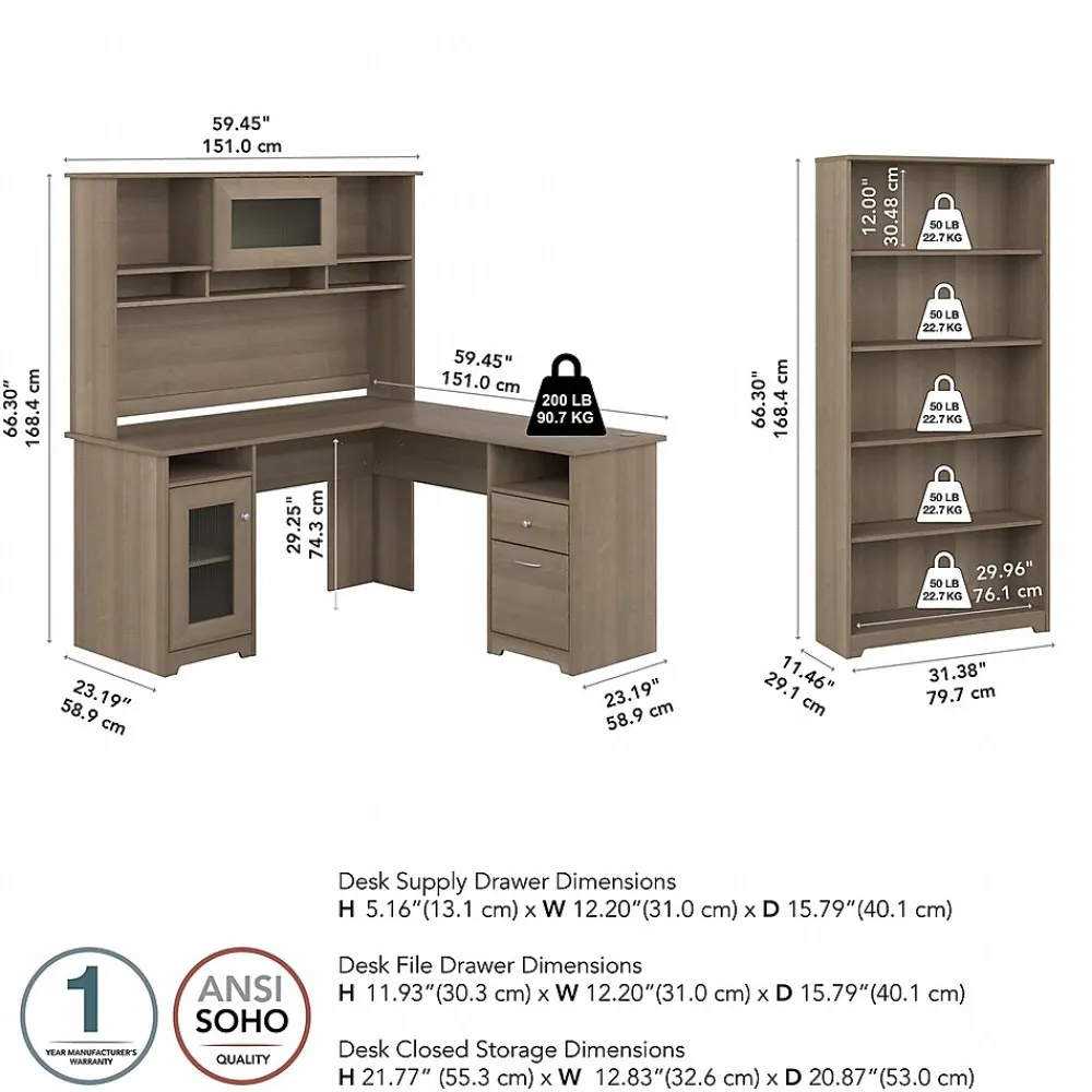 L-Desks*Bush Furniture Cabot 60"W L-Shaped Desk with Hutch and 5-Shelf Bookcase, (CAB011AG) Ash Gray