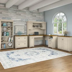 L-Desks*Bush Furniture Fairview 60"W L Shaped Desk with Hutch, File Cabinet, Bookcase and Storage, Antique White/Tea Maple (FV013AW)