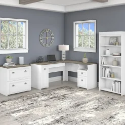 L-Desks*Bush Furniture Fairview 60"W L Shaped Desk with Lateral File Cabinet and 5 Shelf Bookcase, (FV008G2W) Shiplap Gray/Pure White