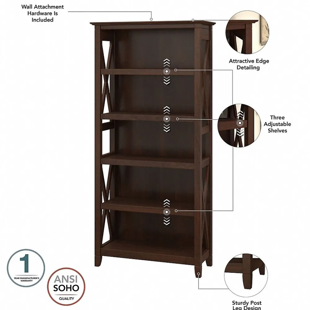 Bookcases*Bush Furniture Key West 66"H 5-Shelf Bookcase with Adjustable Shelves, Bing Cherry Laminate (KWB132BC-03)