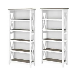 Bookcases*Bush Furniture Key West 66"H 5-Shelf Bookcase with Adjustable Shelves, Shiplap Gray/Pure White Laminated Wood, 2/Set (KWS046G2W)