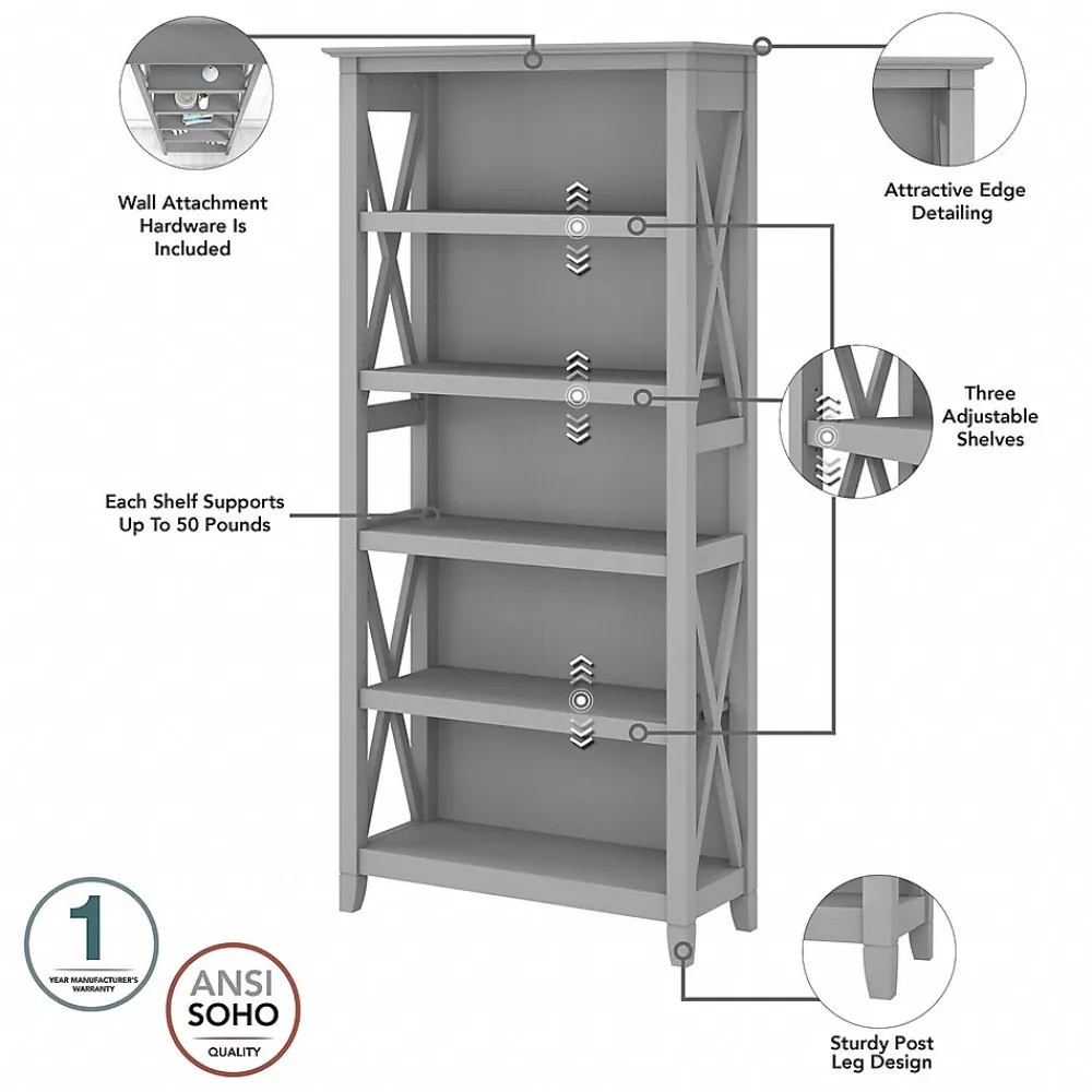 Bookcases*Bush Furniture Key West 66"H 5-Shelf Bookcase with Adjustable Shelves, Cape Cod Gray Laminated Wood, 2/Set (KWS046CG)