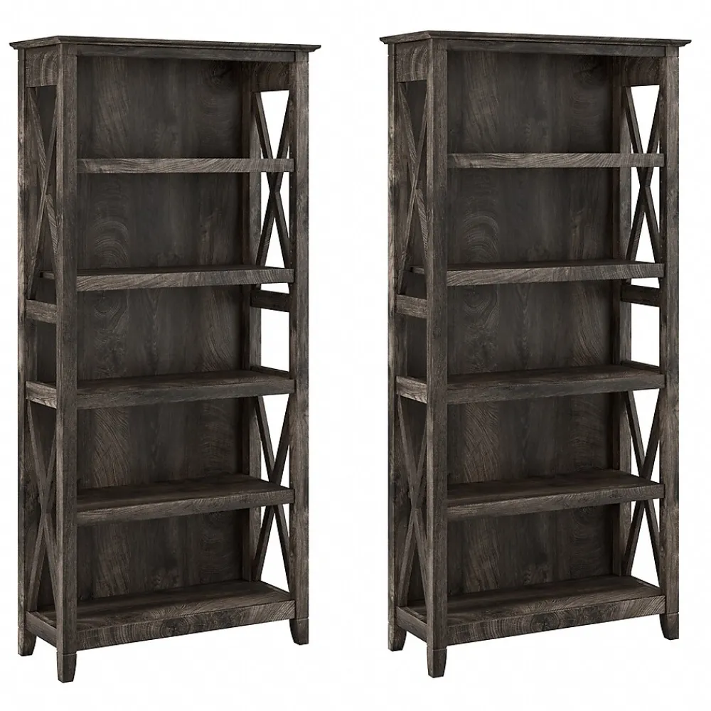 Bookcases*Bush Furniture Key West 66"H 5-Shelf Bookcase with Adjustable Shelves, Dark Gray Hickory Wood, 2/Set (KWS046GH)