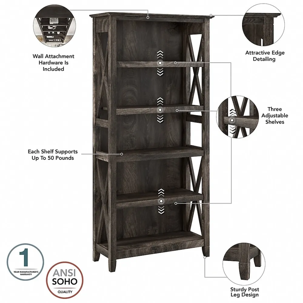 Bookcases*Bush Furniture Key West 66"H 5-Shelf Bookcase with Adjustable Shelves, Dark Gray Hickory Wood (KWB132GH-03)