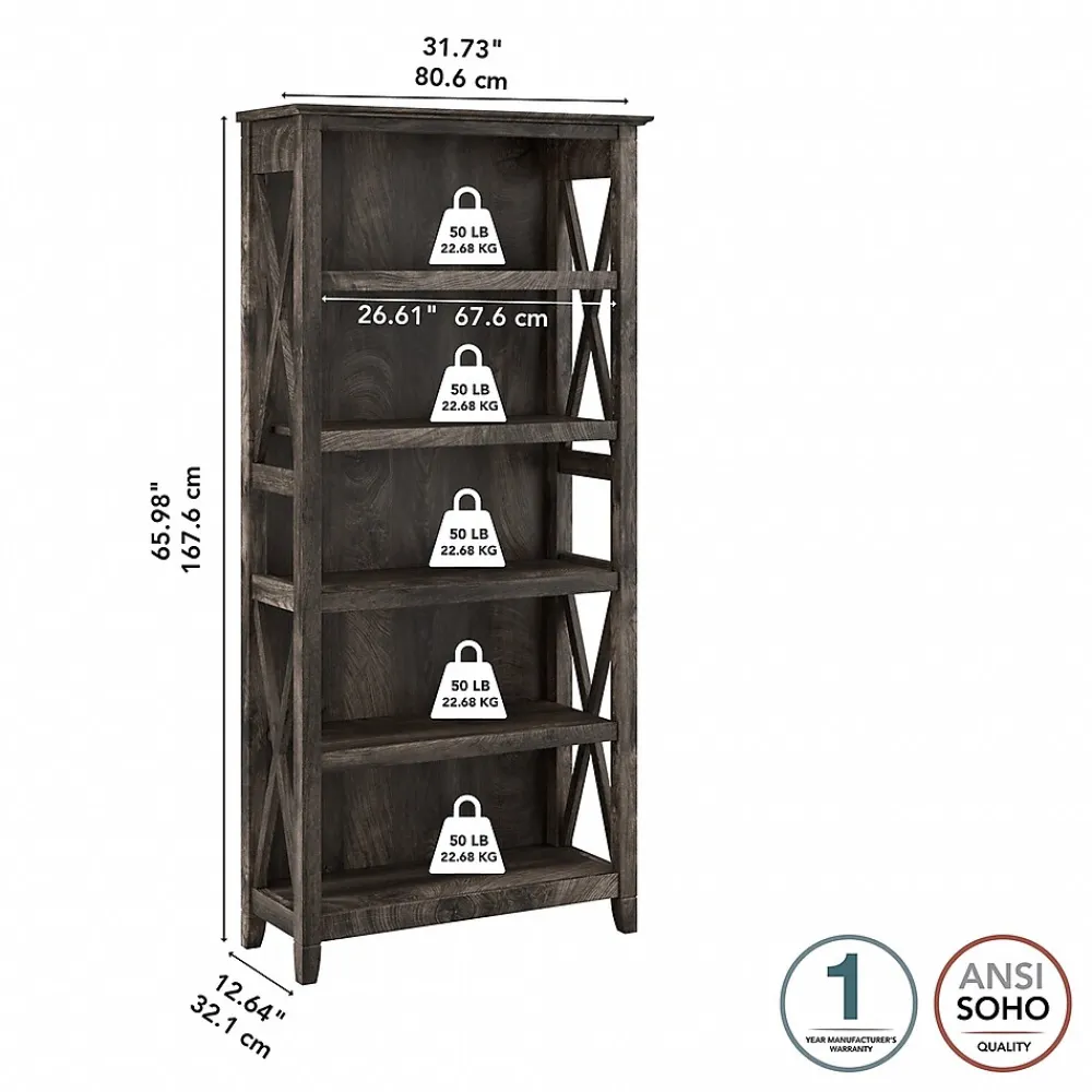 Bookcases*Bush Furniture Key West 66"H 5-Shelf Bookcase with Adjustable Shelves, Dark Gray Hickory Wood (KWB132GH-03)