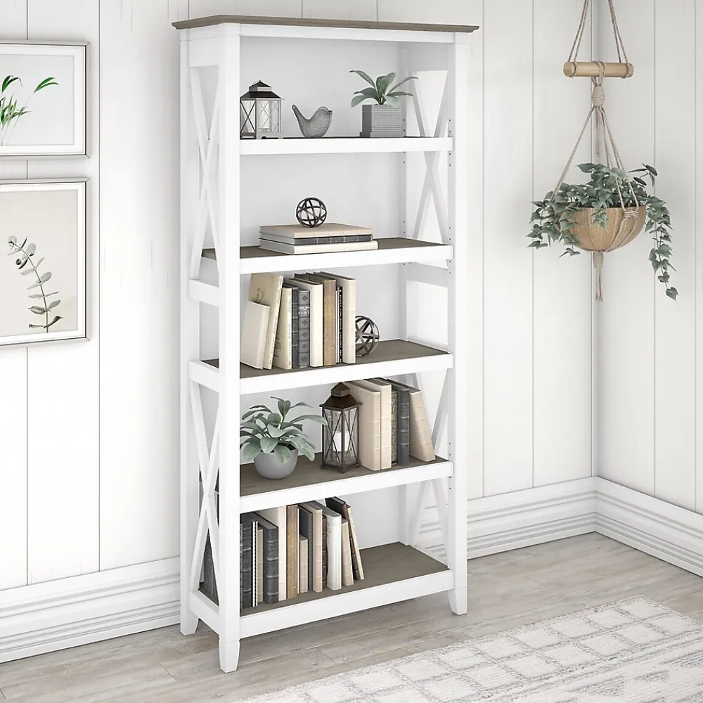 Bookcases*Bush Furniture Key West 5-Shelf 66"H Bookcase, Shiplap Gray/Pure White (KWB132G2W-03)