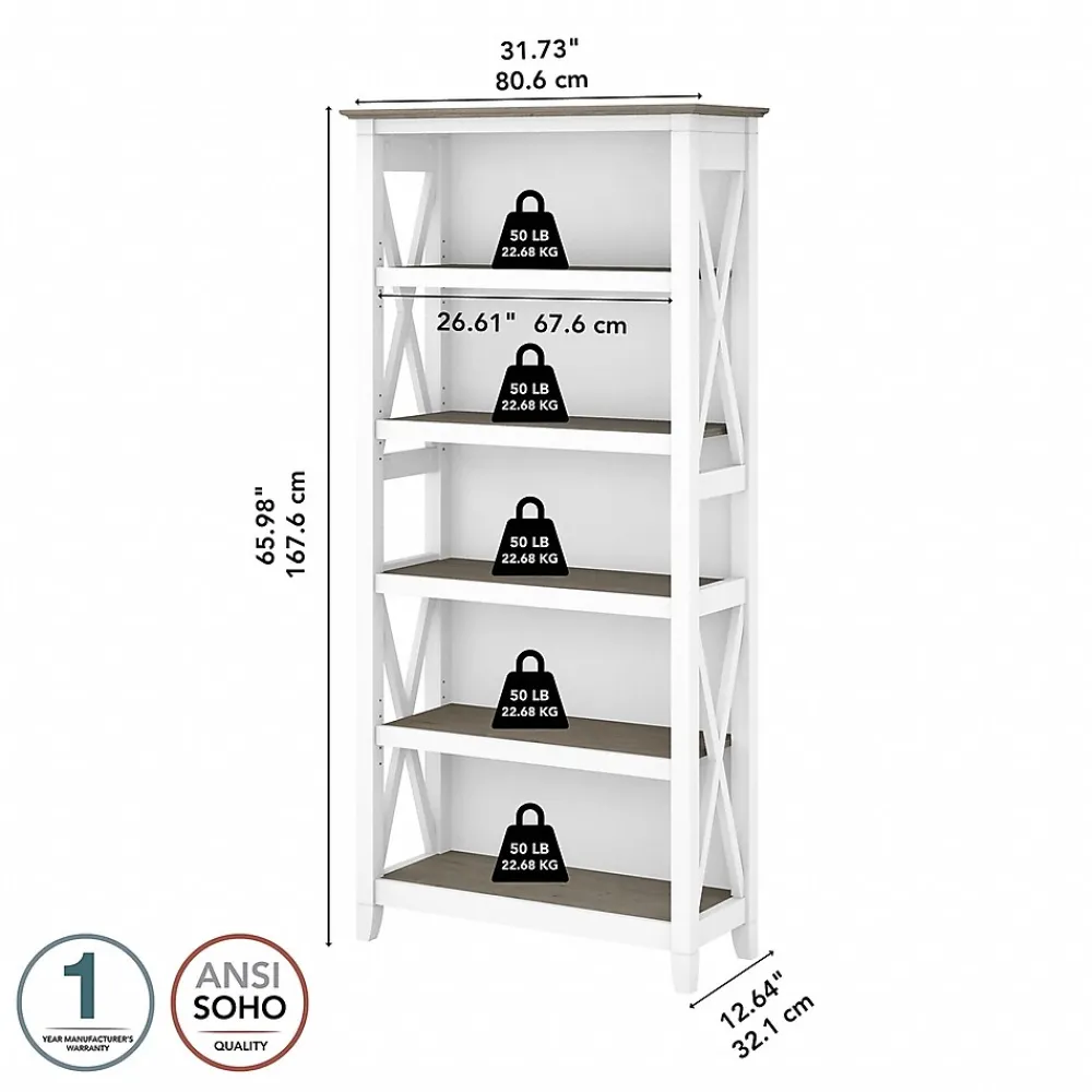 Bookcases*Bush Furniture Key West 5-Shelf 66"H Bookcase, Shiplap Gray/Pure White (KWB132G2W-03)