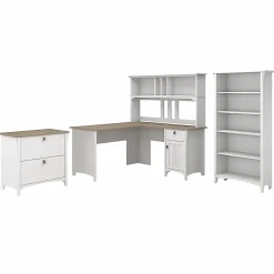 L-Desks*Bush Furniture Salinas 60" L-Shaped Desk with Hutch, File Cabinet and 5-Shelf Bookcase, (SAL007G2W) Shiplap Gray/Pure White