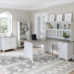 L-Desks*Bush Furniture Salinas 60" L-Shaped Desk with Hutch, File Cabinet and 5-Shelf Bookcase, (SAL007G2W) Shiplap Gray/Pure White