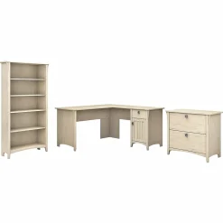 L-Desks*Bush Furniture Salinas 60"W L Shaped Desk with Lateral File Cabinet and 5 Shelf Bookcase, (SAL003AW) Antique White