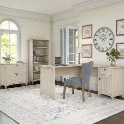 L-Desks*Bush Furniture Salinas 60"W L Shaped Desk with Lateral File Cabinet and 5 Shelf Bookcase, (SAL003AW) Antique White