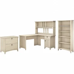 L-Desks*Bush Furniture Salinas 60"W L Shaped Desk with Hutch, Lateral File Cabinet and 5 Shelf Bookcase, (SAL007AW) Antique White