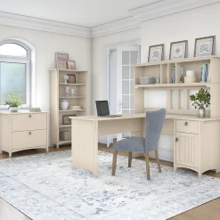 L-Desks*Bush Furniture Salinas 60"W L Shaped Desk with Hutch, Lateral File Cabinet and 5 Shelf Bookcase, (SAL007AW) Antique White