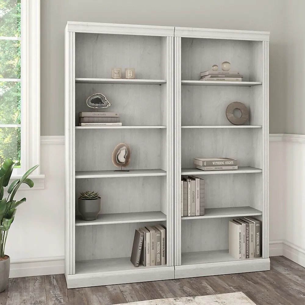 Bookcases*Bush Furniture Saratoga 72"H 5-Shelf Bookcase with Adjustable Shelves, Linen White Oak Laminate, 2/Set (SAR008LW)