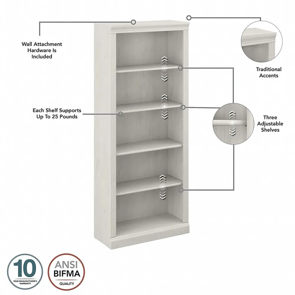 Bookcases*Bush Furniture Saratoga 72"H 5-Shelf Bookcase with Adjustable Shelves, Linen White Oak Laminate, 2/Set (SAR008LW)