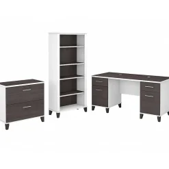 Computer Desks*Bush Furniture Somerset 60" Computer Desk with Lateral File Cabinet and 5-Shelf Bookcase, (SET013SGWH) Storm Gray/White