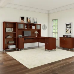 Office Desks*Bush Furniture Somerset 72"W L Shaped Desk with Hutch, Lateral File Cabinet and Bookcase, (SET012HC) Hansen Cherry