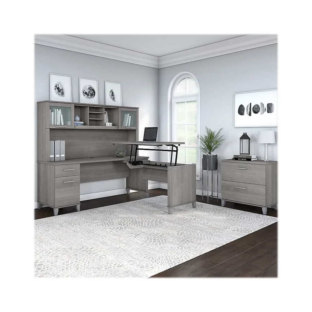 L-Desks*Bush Furniture Somerset 72"W 3 Position Sit to Stand L Shaped Desk with Hutch and File Cabinet, (SET016PG) Platinum Gray