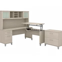 Office Desks*Bush Furniture Somerset 72"W 3 Position Sit to Stand L Shaped Desk with Hutch and File Cabinet, (SET016SO) Sand Oak