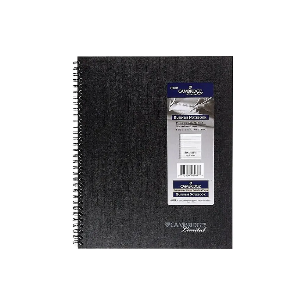 Notebooks|Cambridge Professional 1-Subject Professional Notebook, 8.5" x 11", Wide Ruled, 80 Sheets, Black (06062)